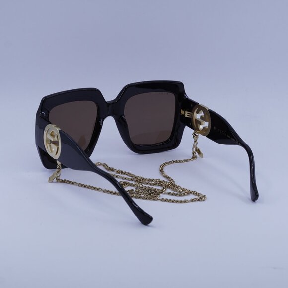 Gucci GG1022S 005 Sunglasses Black Square Frame, Brown with Gold Chain Lenses - Picture 10 of 11